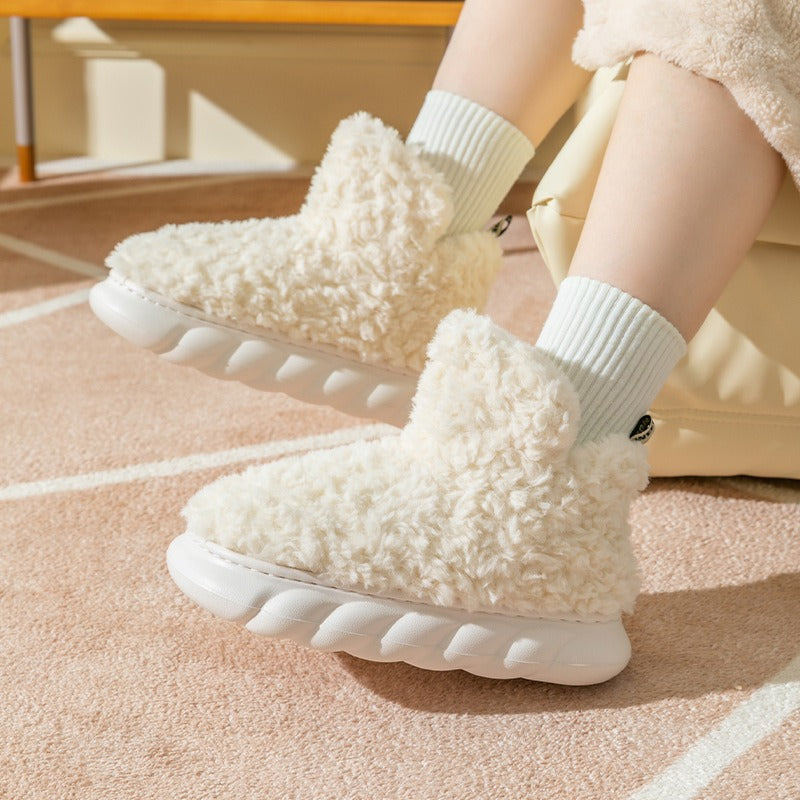 High top bag and cotton slippers with added velvet for warmth in winter for couples staying at home, indoor and outdoor, non slip soft soled plush cotton shoes eprolo
