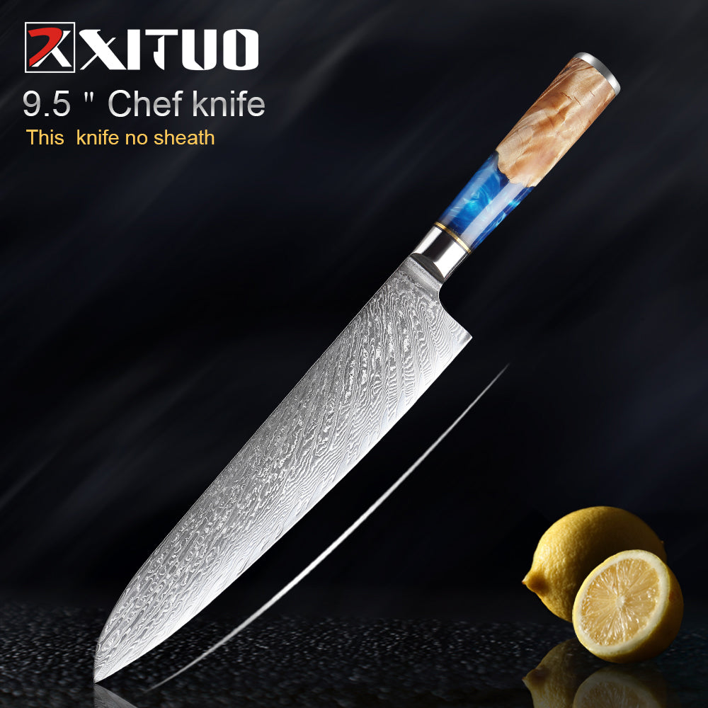 XITUO Kitchen Knives-Set Damascus Steel VG10 Chef Knife Cleaver Paring Bread Knife Blue Resin and Color Wood Handle Cooking Tool eprolo