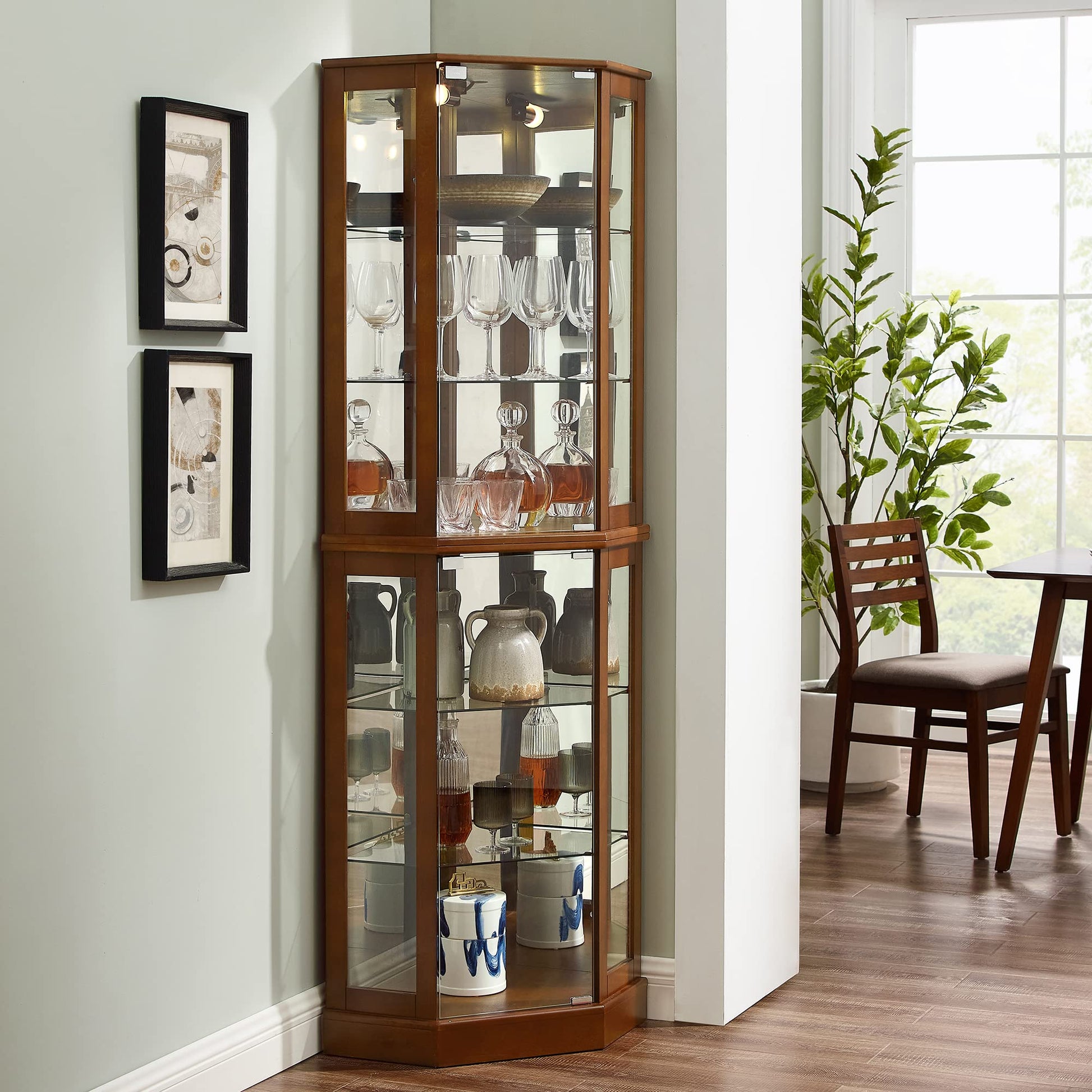6 shelves corner Curio display cabinet with light mirror and adjustable shelves, walnut wood (excluding E26 light bulbs) eprolo