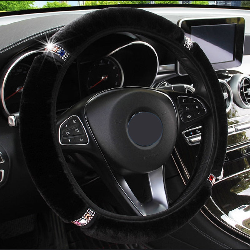Glamorous Rhinestone Steering Wheel Cover - Soft Plush 37-38cm Universal Fit