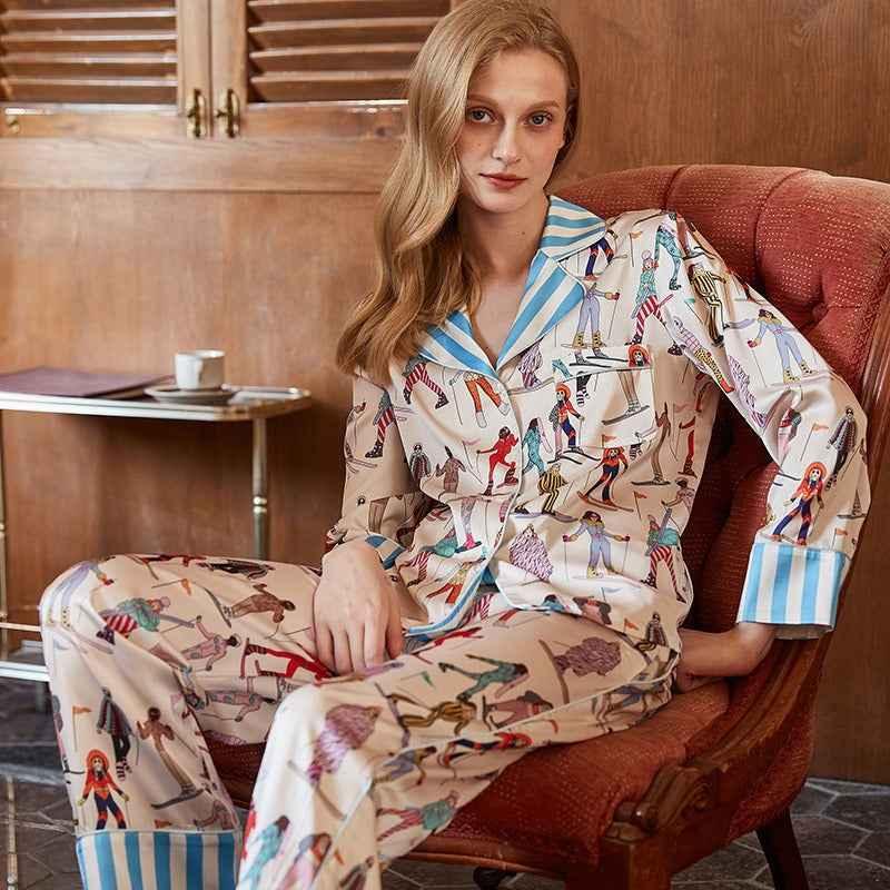 Ice Silk Pajamas for Women High End Lapel Spring Autumn Long Sleeved Home Wear Set - Shello's Creative Boutique