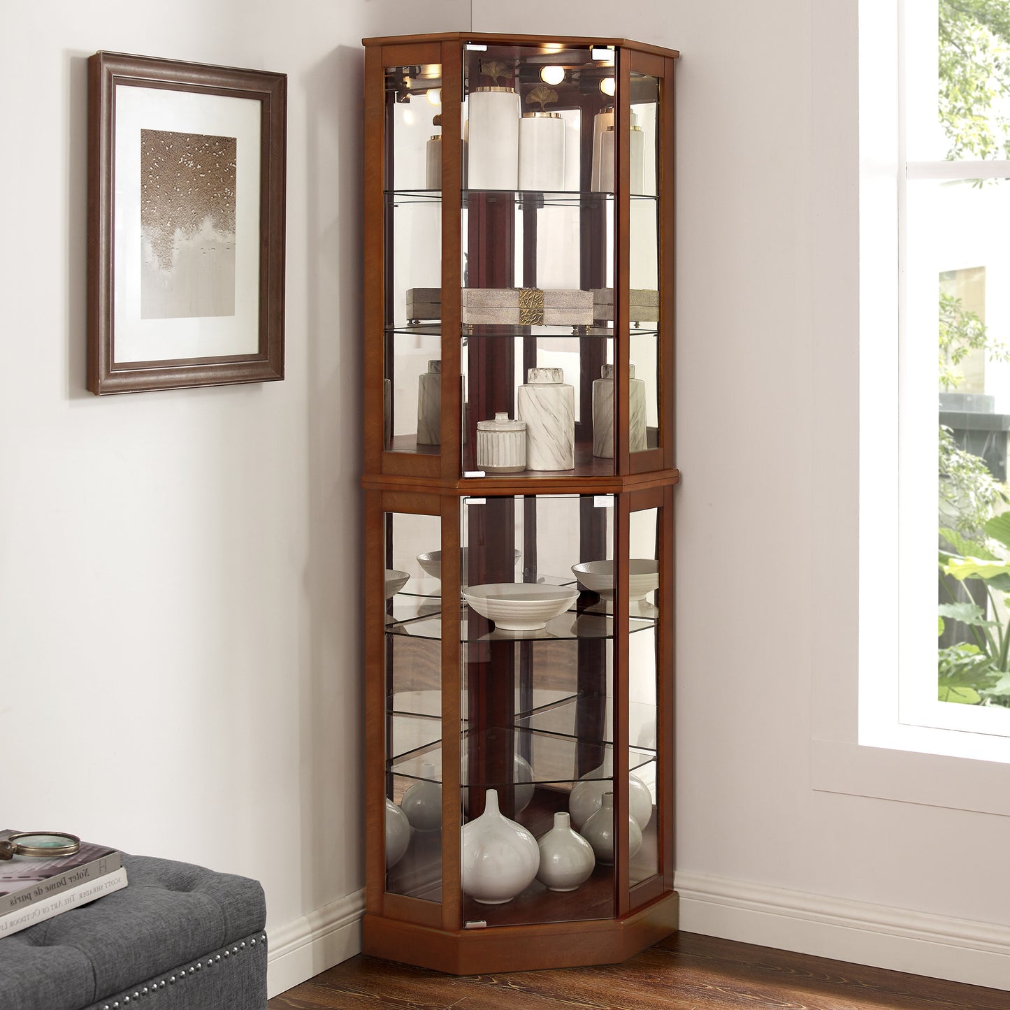 6 shelves corner Curio display cabinet with light mirror and adjustable shelves, walnut wood (excluding E26 light bulbs) eprolo
