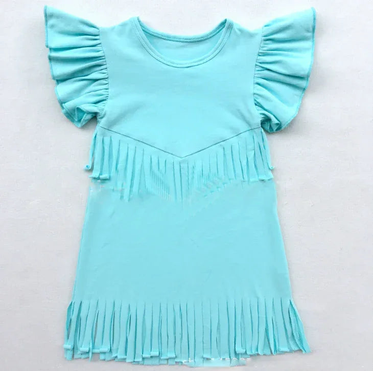 baby girls spring summer solid Tassels cotton dress boutique all-match clothing kids wear fringe multi color mint hot sale - Shello's Creative Boutique