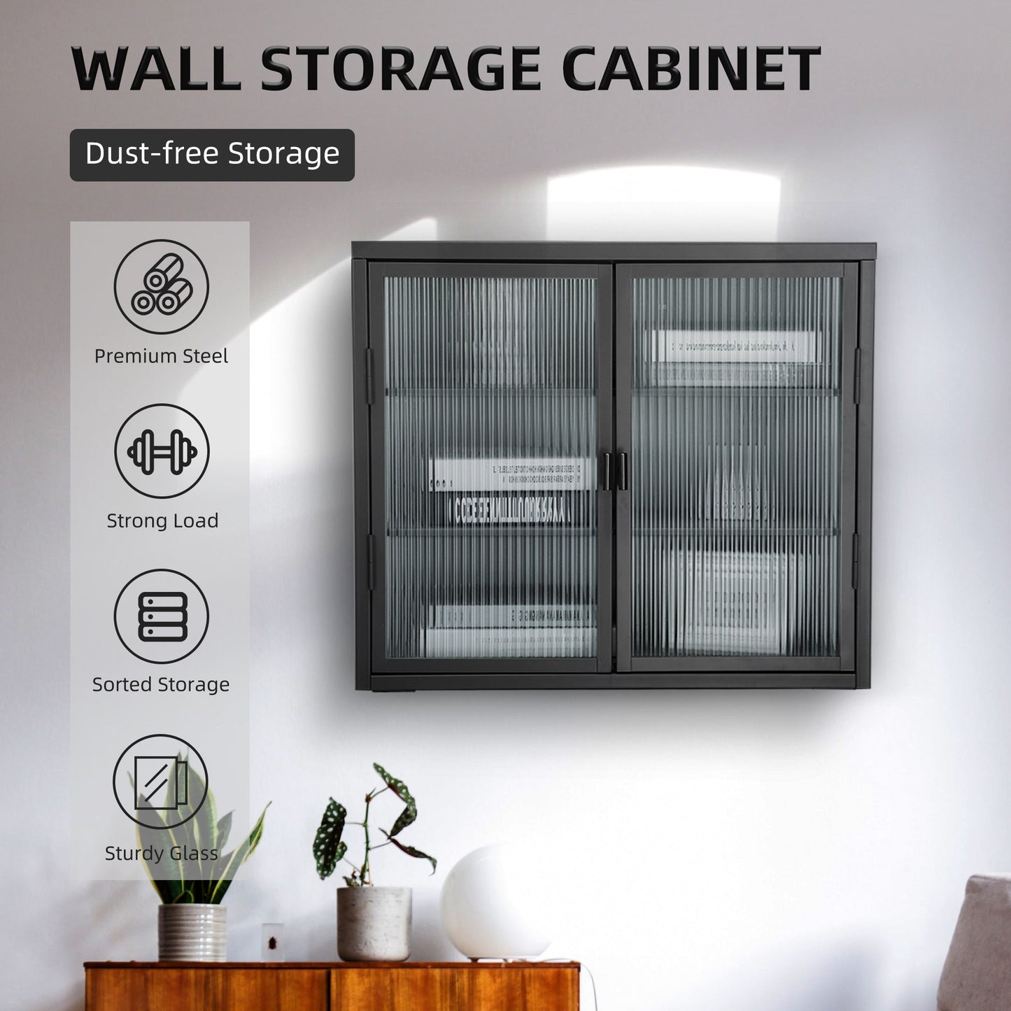 Retro Style Haze Double Glass Door Wall Cabinet With Detachable Shelves for Office Dining Room Living Room eprolo
