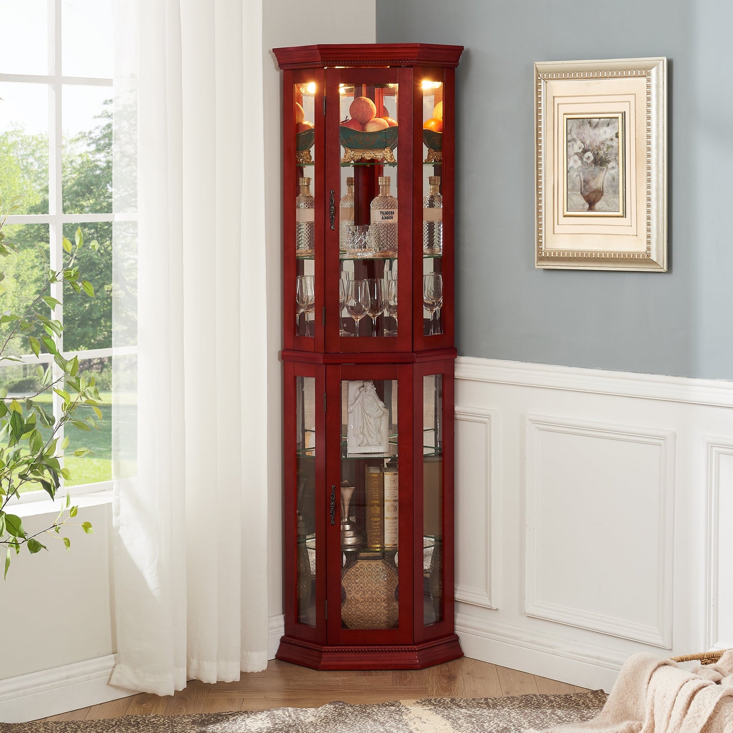 Corner Curio cabinet with illuminated glass display stand and tempered glass door, with adjustable bracket and light bulb eprolo