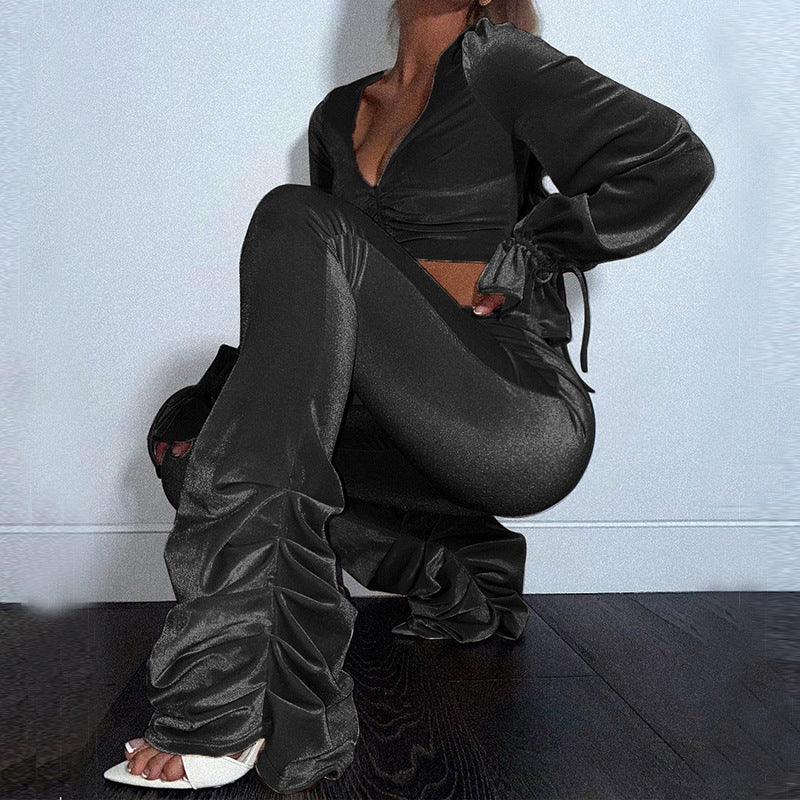 Autumn And Winter Sexy Navel Long Sleeved Solid Color Pleated Micro Flare Pants Two Piece Set - Shello's Creative Boutique