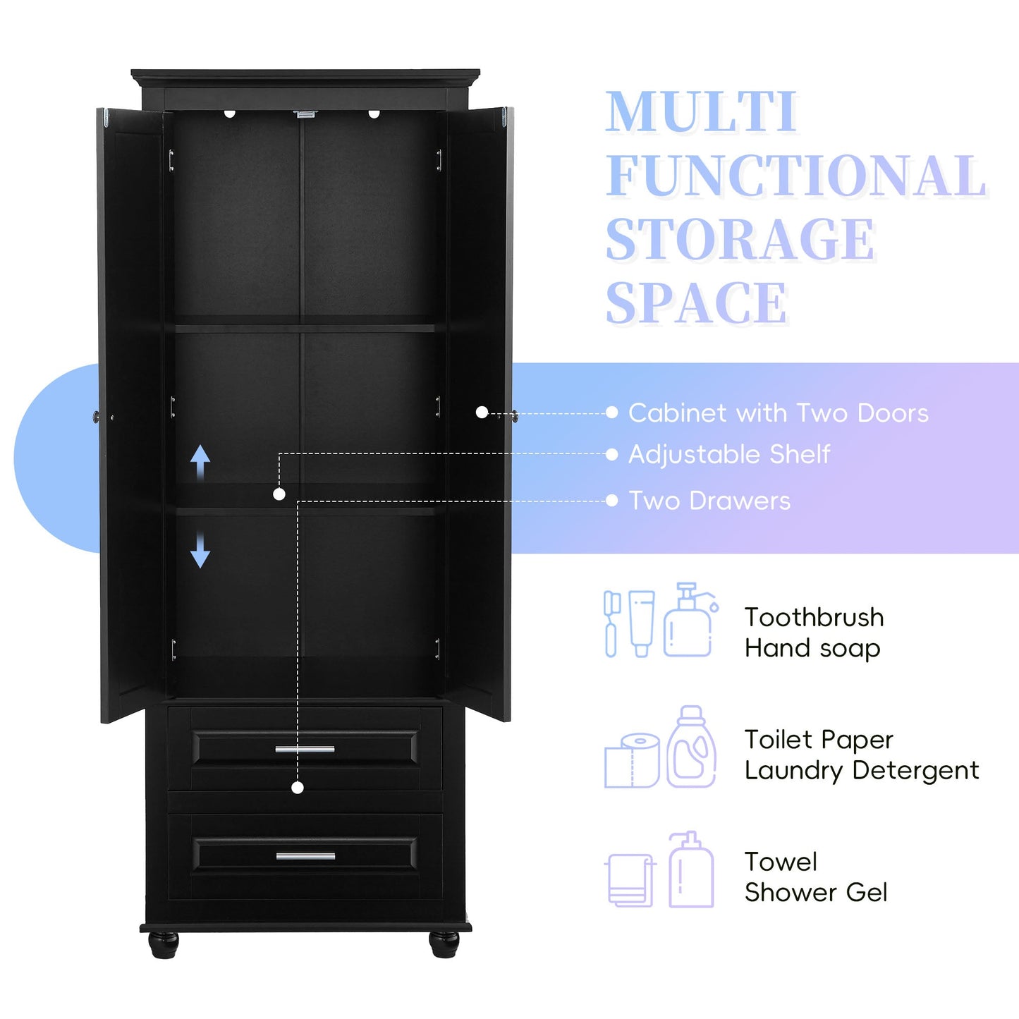 Tall Storage Cabinet with Two Drawers for Bathroom/Office, Black eprolo