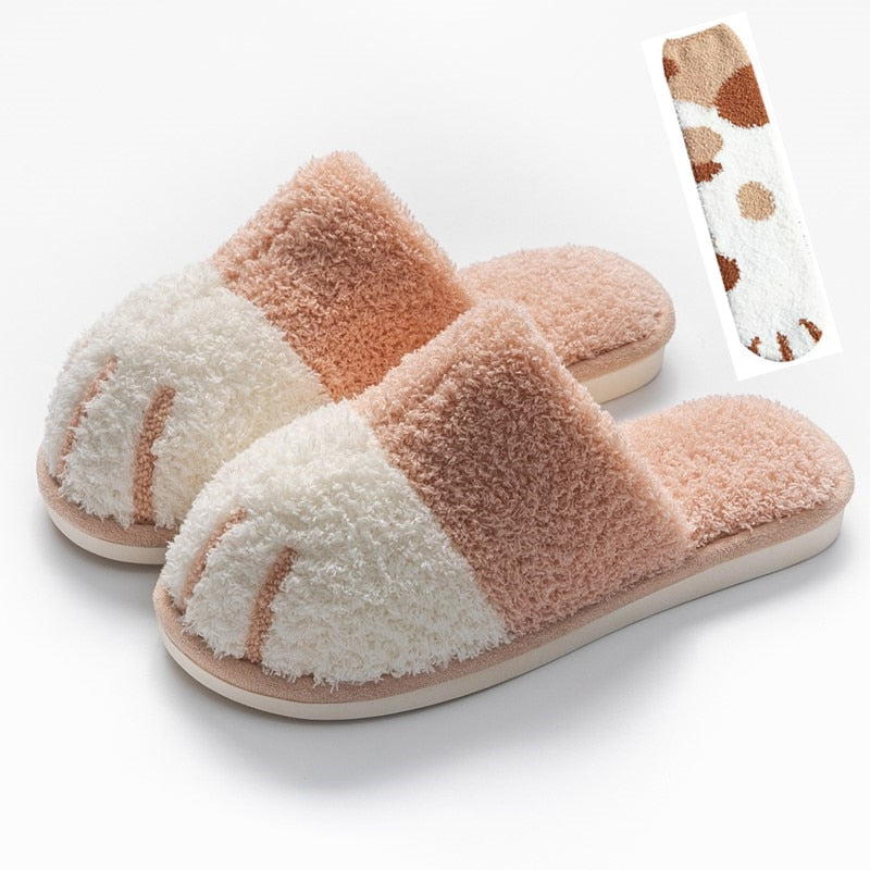 Winter House Warm Fur Slipers For Women Cute Cat paw Designer Bedroom Warm Plush Shoes Non-slip Indoor Women Furry Slippers eprolo
