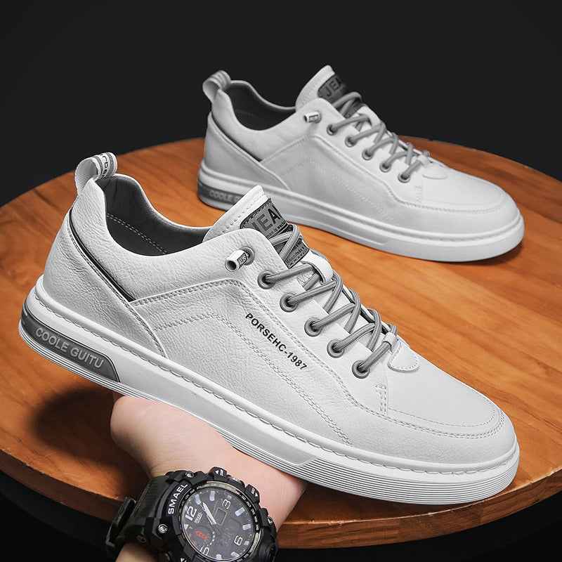 Men's Casual Leather Sneakers - Versatile Sports Shoes and Thick Soled White Sneakers