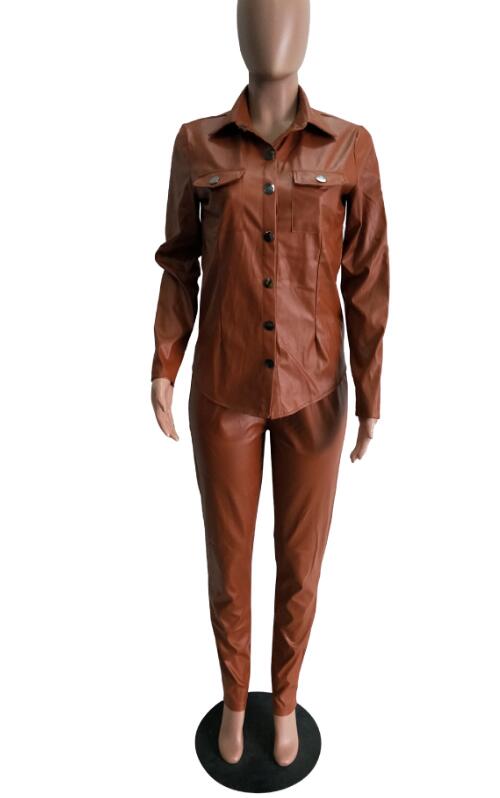 Sexy Two Piece Set Women Plus Size PU Leather Long Sleeve Top and Bodycon Pant Suit eprolo