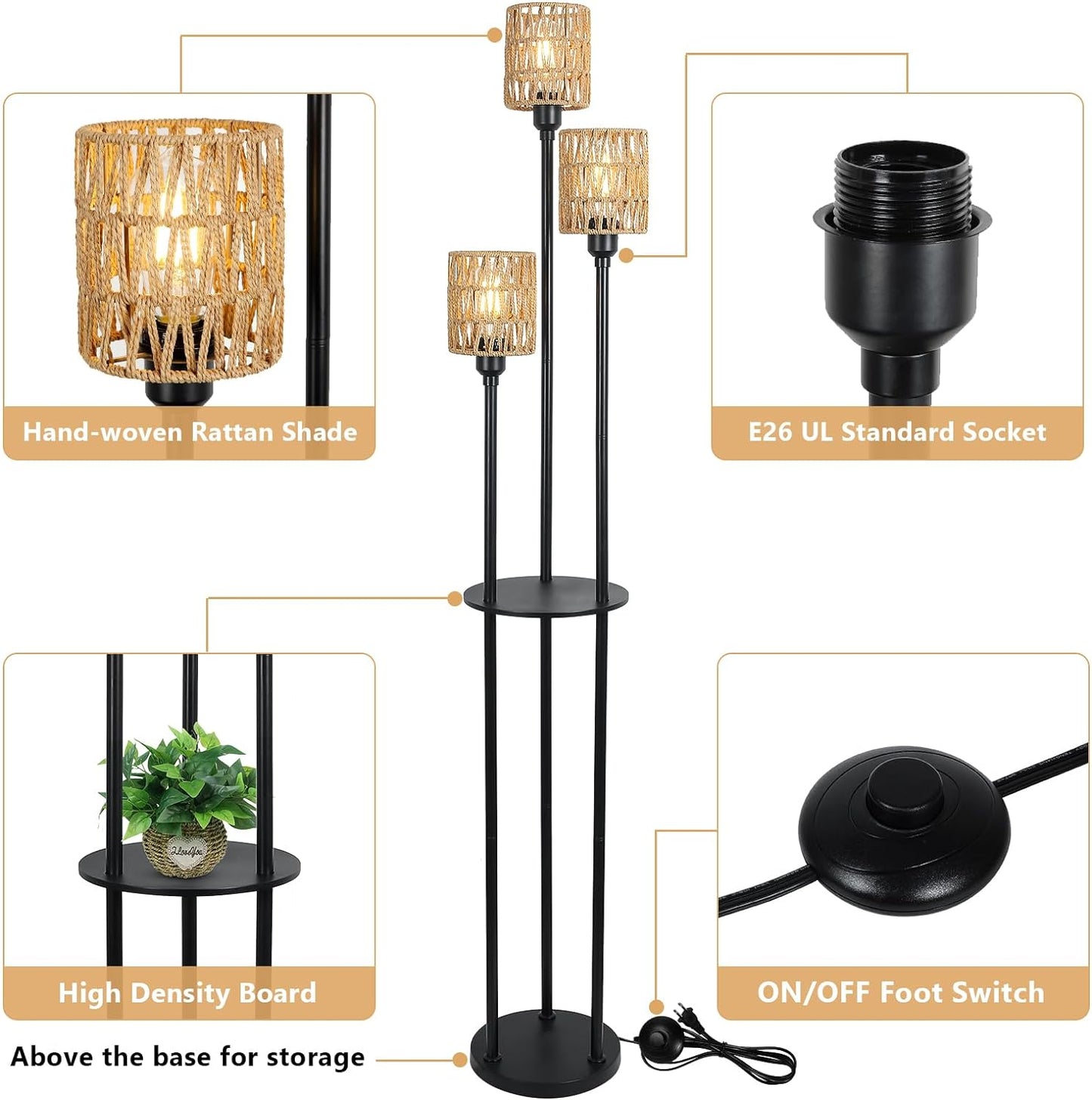 Boho Floor Lamp with Shelves 3-Lights Farmhouse Tall Floor Lamp with ON/OFF Foot Switch Rustic Standing Lamp with Rattan Shades eprolo