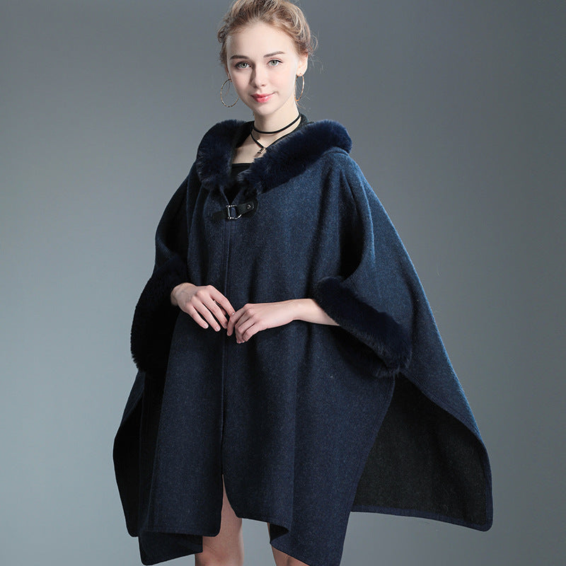 Imitation otter rabbit fur collar hooded shawl cape plus size woolen coat loose cardigan for women eprolo
