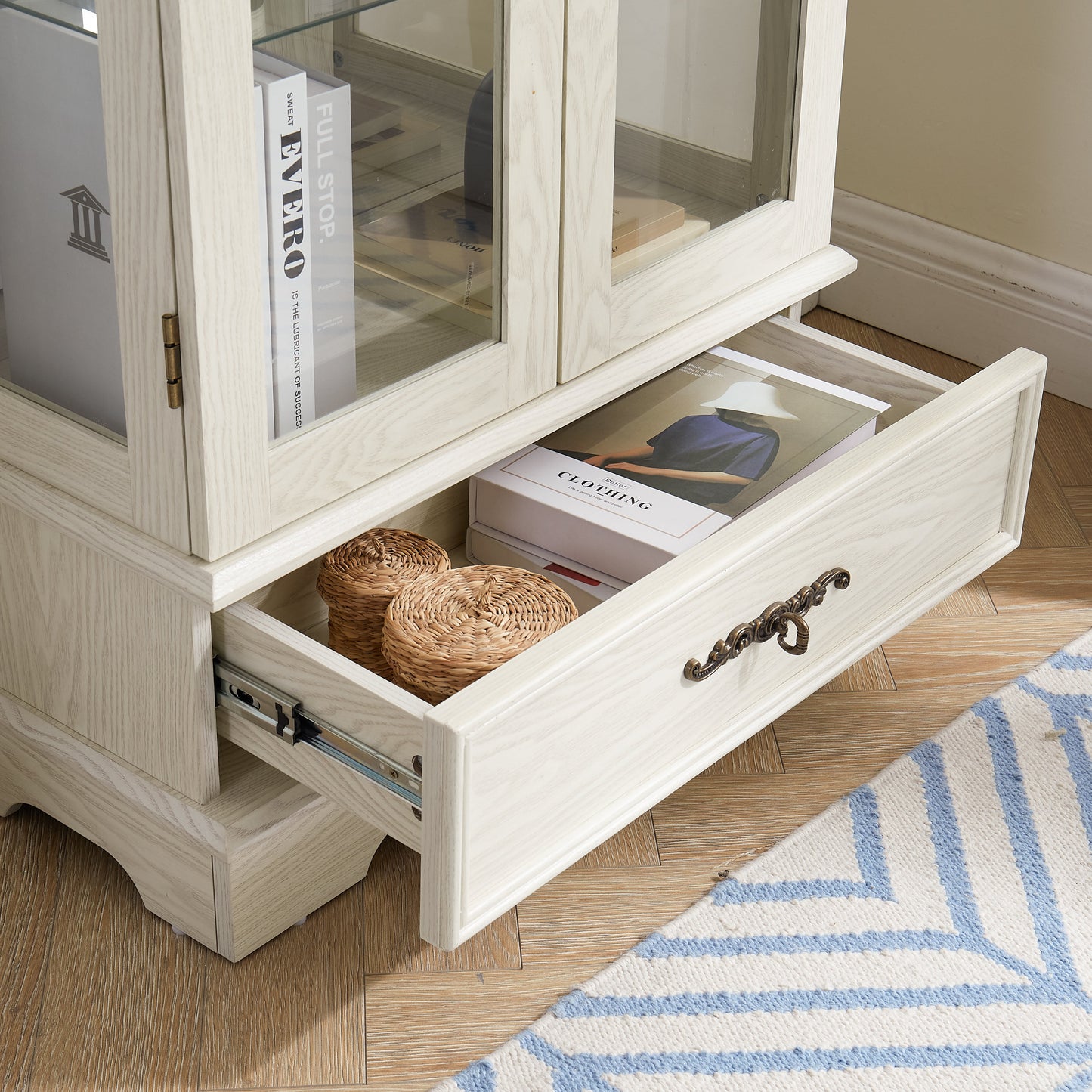 Light colored glass cabinet Curio display cabinet with adjustable glass frame, 2 doors and 1 drawer, including white light bulbs eprolo