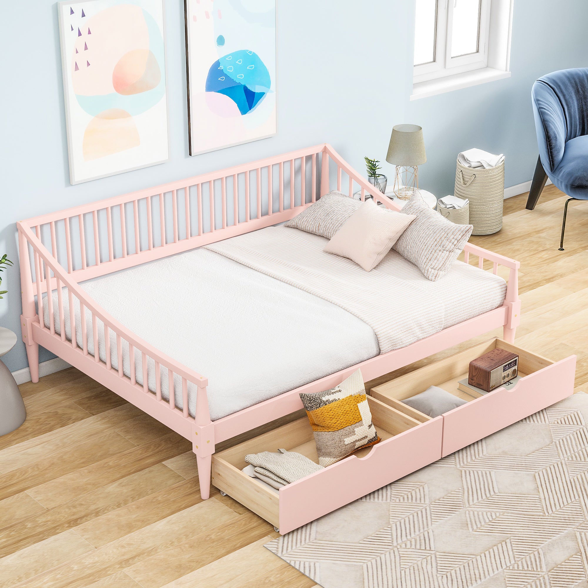 Full Size Daybed with Two Storage Drawers and Support Legs Pink Shello Creative Boutique