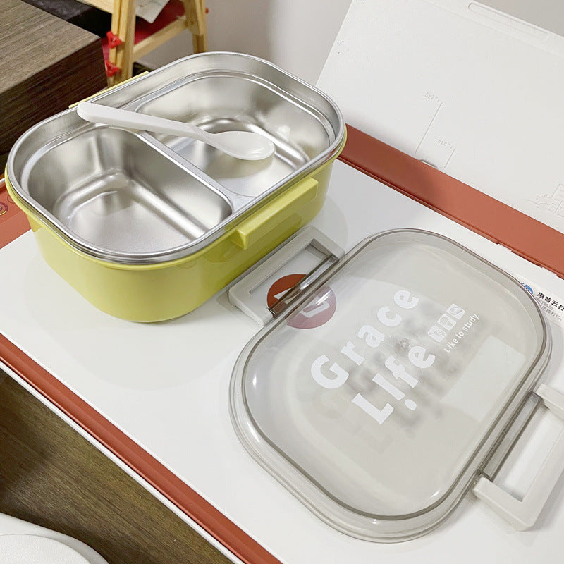 Korean style simple stainless steel two compartment lunch box with cutlery eprolo