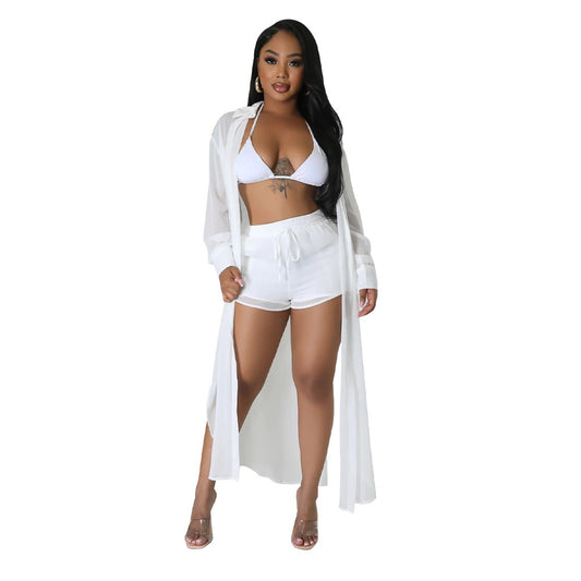 Sexy Perspective Solid Color Chiffon Long Shirt Shorts Beach Two Piece Set New eprolo