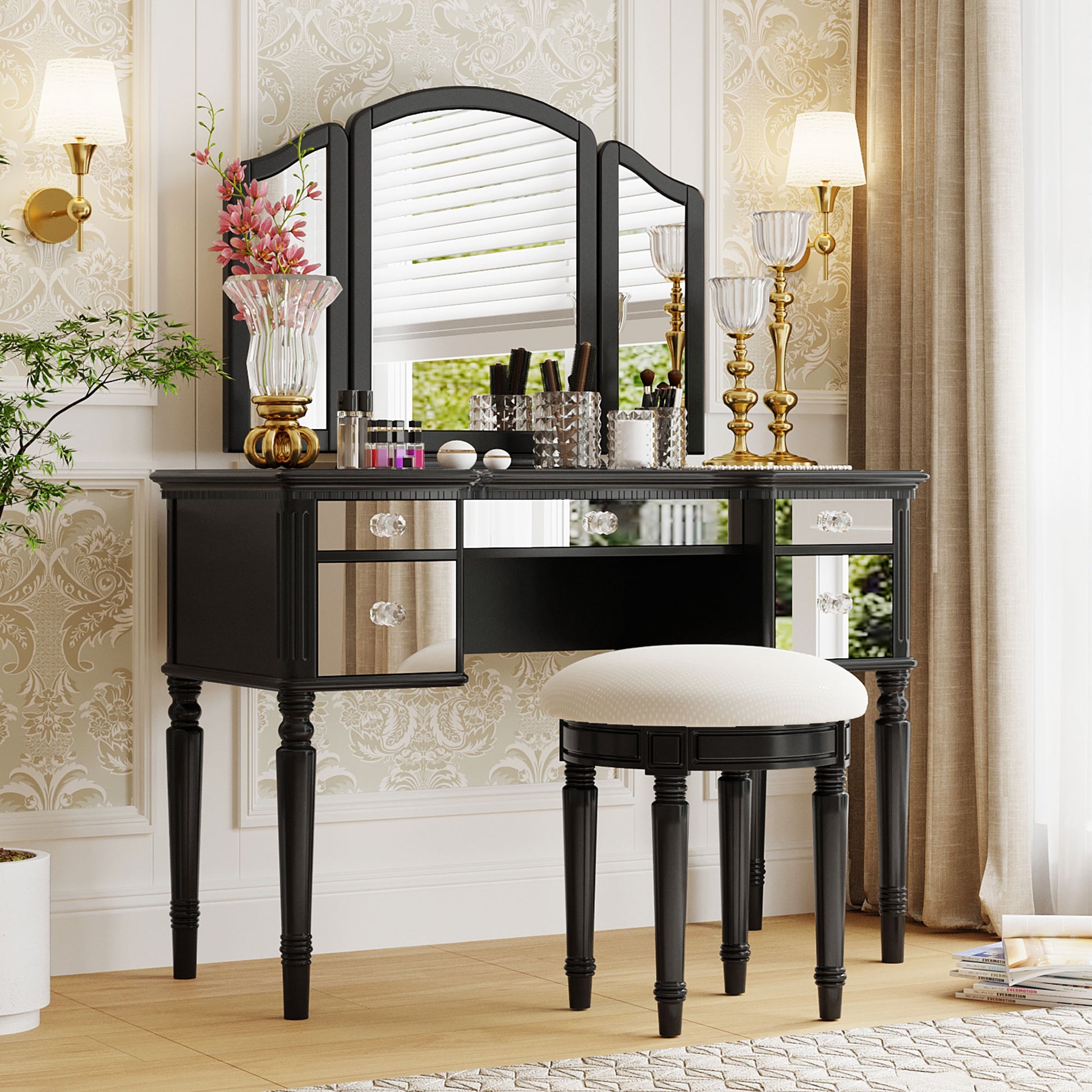 GO 43" Dressing Table Set with Mirrored Drawers and Stool, Tri-fold Mirror, Makeup Vanity Set for Bedroom, Black eprolo
