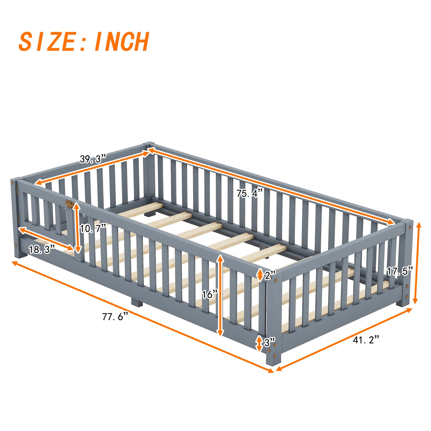 Twin Size Bed Floor Bed with Safety Guardrails and Door for Kids, Gray eprolo