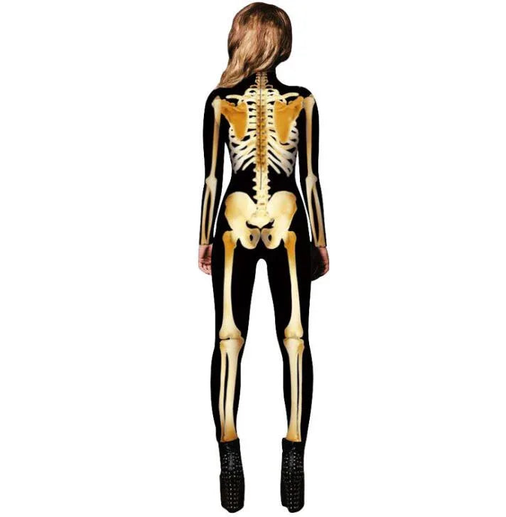 Gold Mechanical Bone Skull Costume Women Halloween Outfit Skeleton Costumes Plus Size Jumpsuit Scary Bodysuit - Shello's Creative Boutique