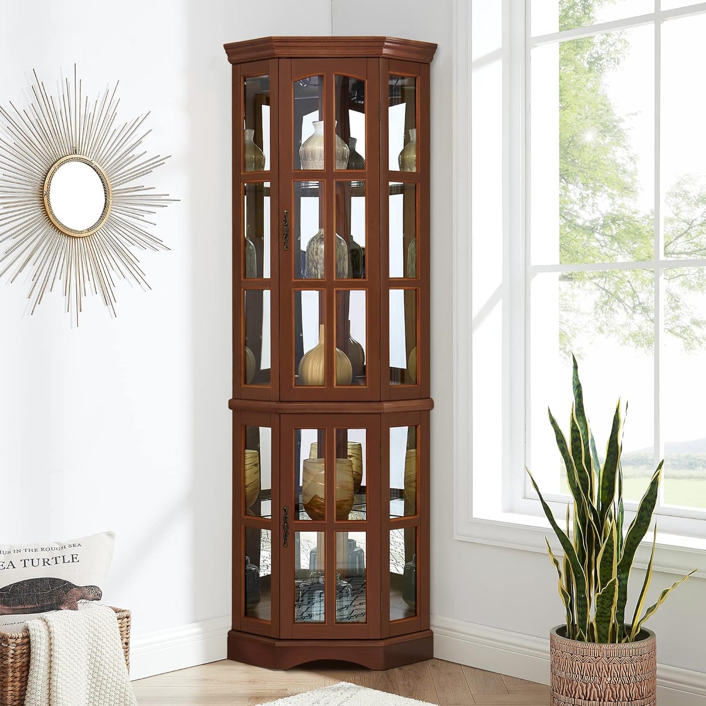 Luxury Corner Curio Cabinet with LED Lighting - 5-Shelf Display Cabinet in Walnut