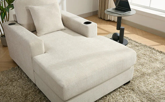 39.7" Oversized Chaise Lounger Modern Style Sofa Couch ,with Pillows, Charge Station & Cup Holders, Chenille Fabric, Cream - Shello's Creative Boutique