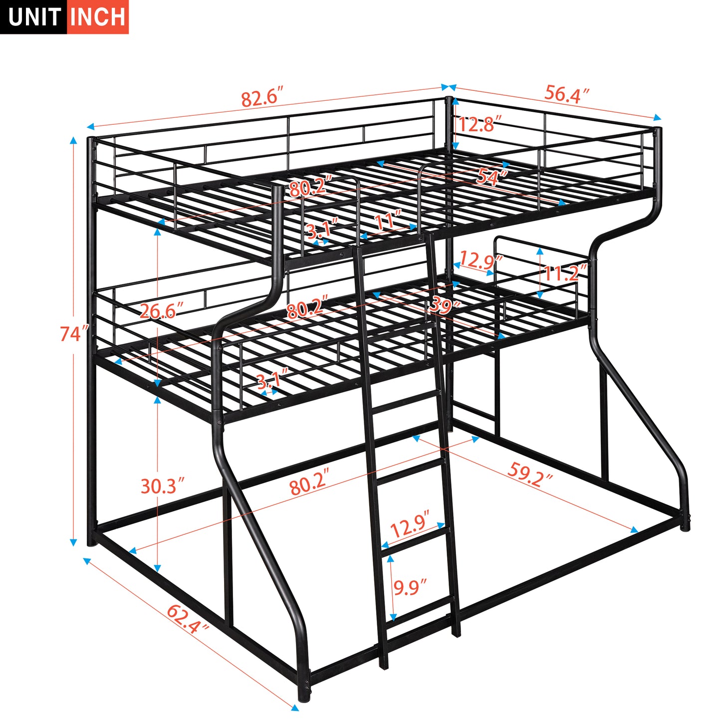 Full XL over Twin XL over Queen Size Triple Bunk Bed with Long and Short Ladder,Black eprolo
