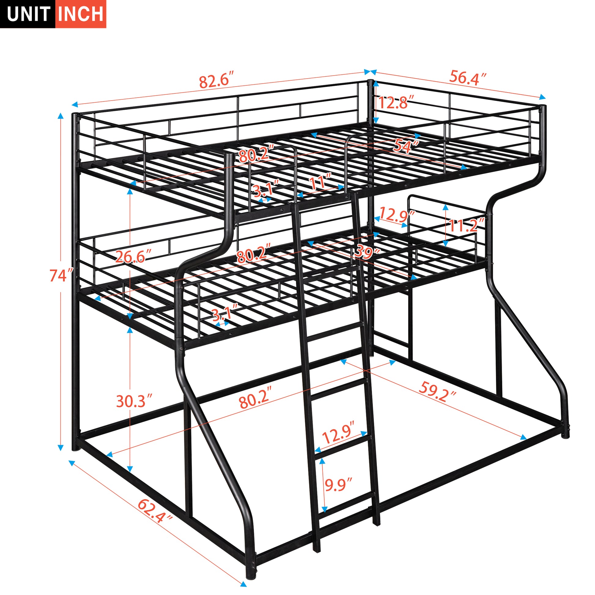 Full XL over Twin XL over Queen Size Triple Bunk Bed with Long and Short Ladder,Black eprolo