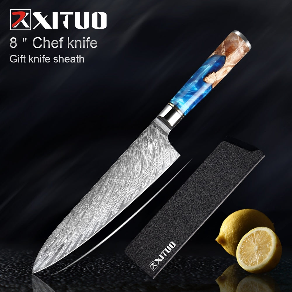 XITUO Kitchen Knives-Set Damascus Steel VG10 Chef Knife Cleaver Paring Bread Knife Blue Resin and Color Wood Handle Cooking Tool eprolo