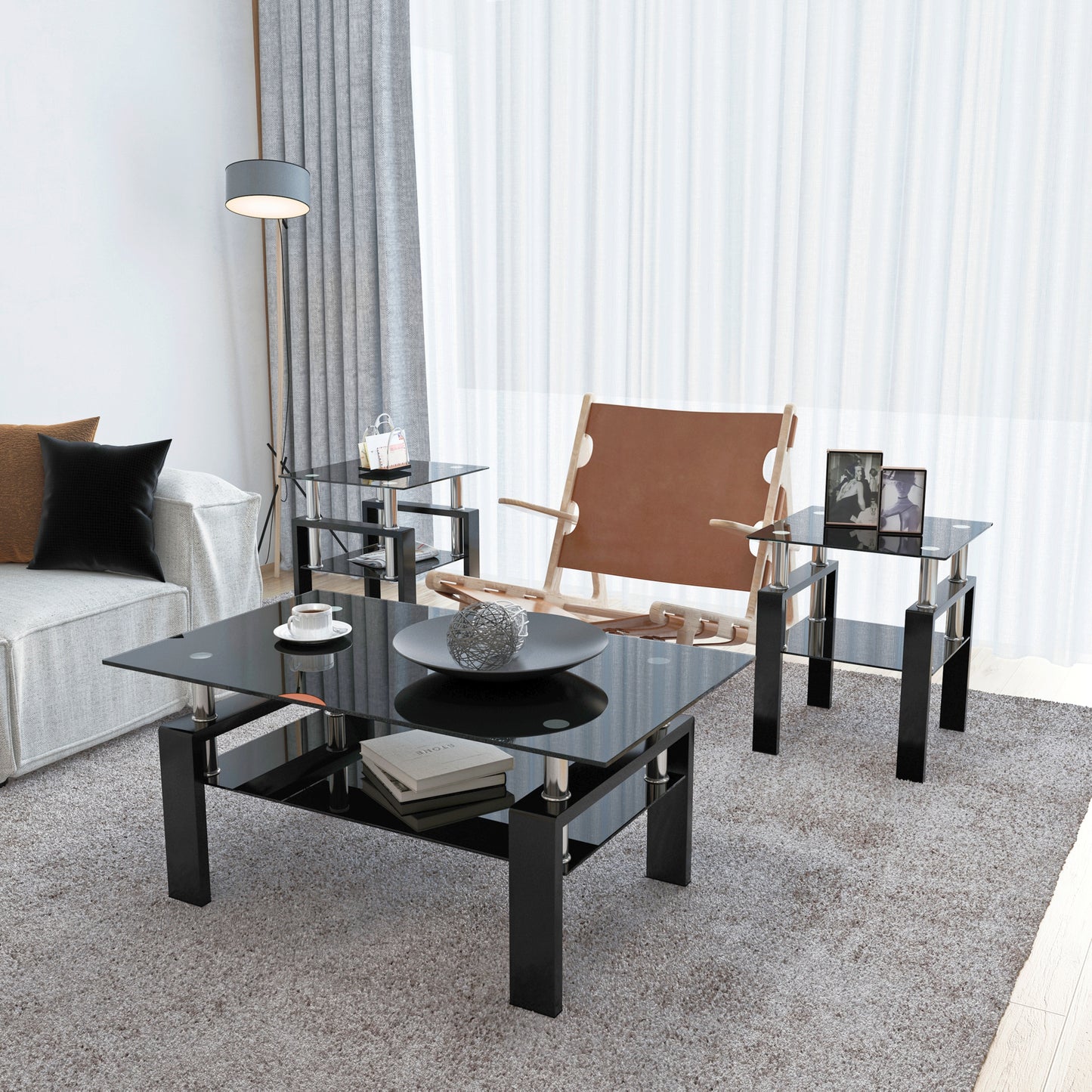 Set of 2, Modern Tempered Glass Tea Table Coffee Table End Table, Square Table for Living Room, Black eprolo