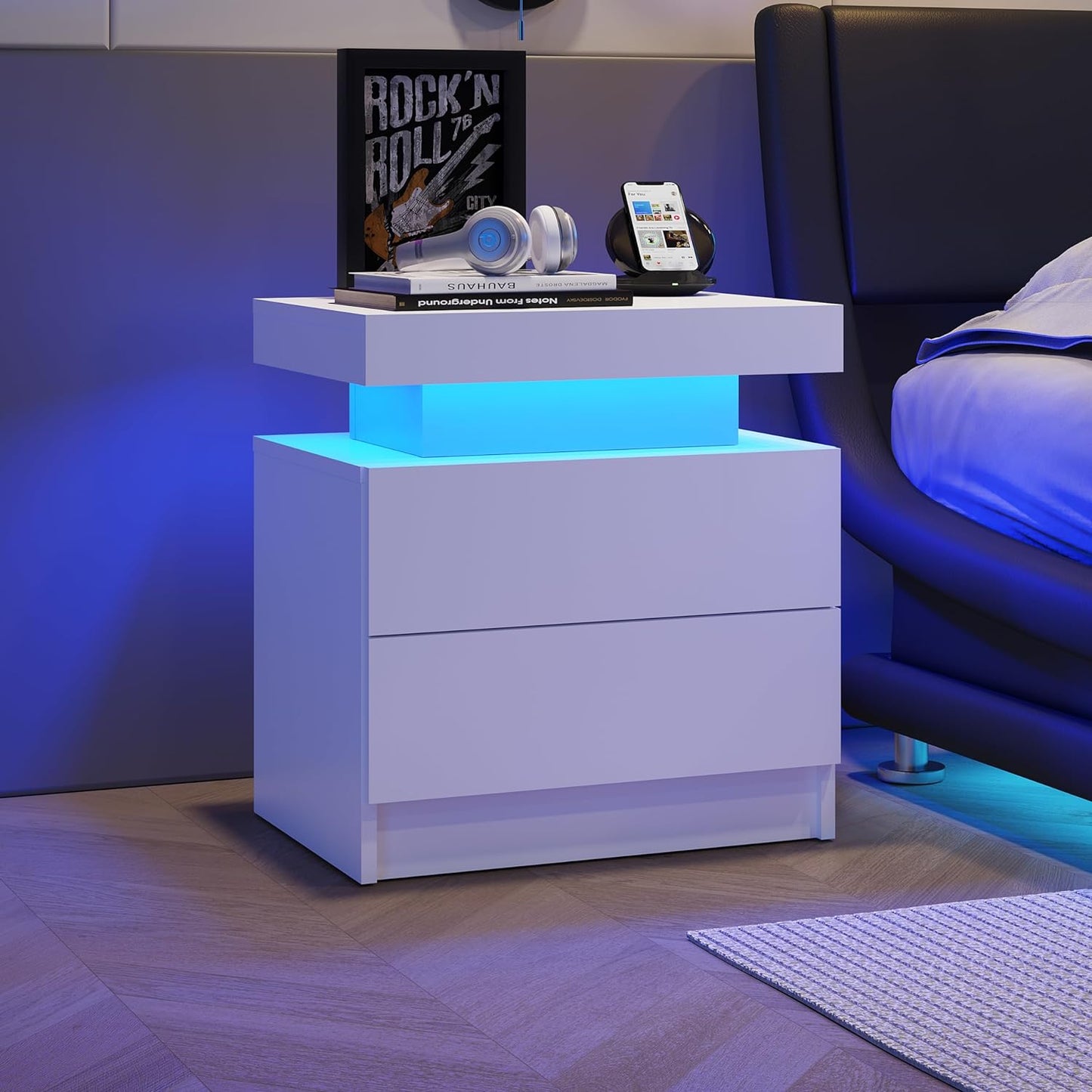 Modern white Nightstand With 2 Storage Drawers,Led Lights, End Table For Bedroom Furniture eprolo