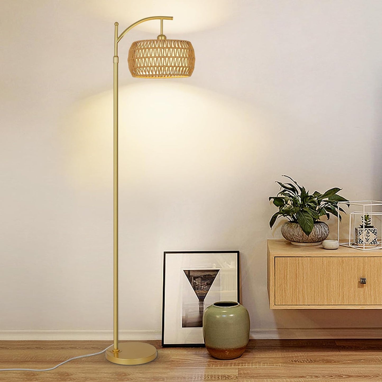 Arc Floor Lamp with 3 Color Temperatures, LED Gold Floor Lamp with Remote & Stepless Dimmable Bulb, Boho Standing Lamp eprolo