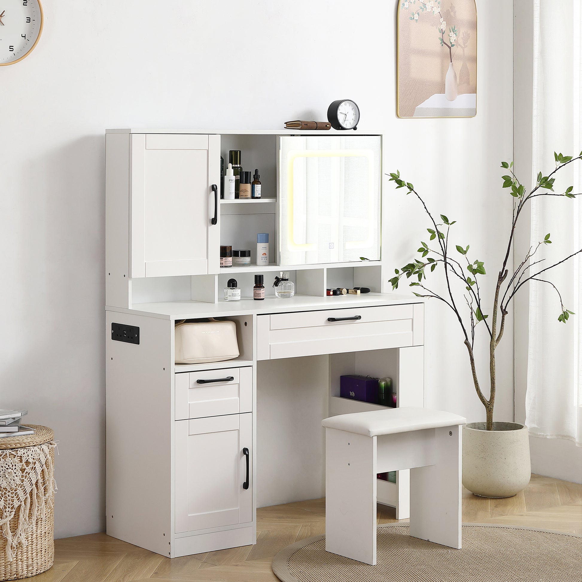 Vanity table with large sliding lighted mirror dressing table with 2 drawers storage shelves and upholstered stool white color eprolo