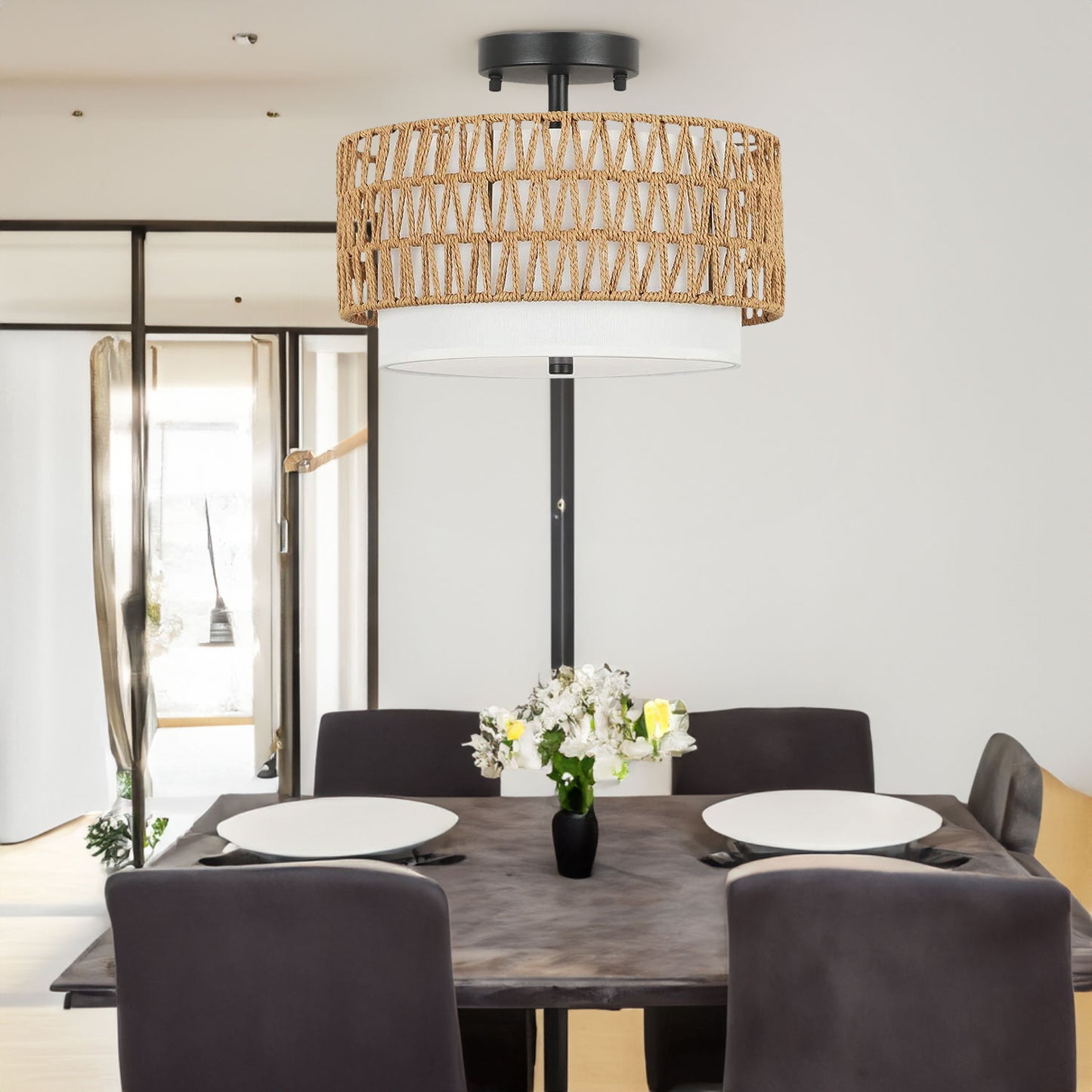 3-Light Semi Flush Mount Ceiling Light Fixture, Boho Rattan Light Fixtures Ceiling, Farmhouse Drum Light with Fabric Shade eprolo