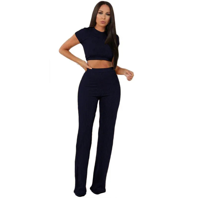Women knitted long sleeve o-neck crop top wide leg pants 2 piece set for female women tops pants two pieces sets women's suits - Shello's Creative Boutique