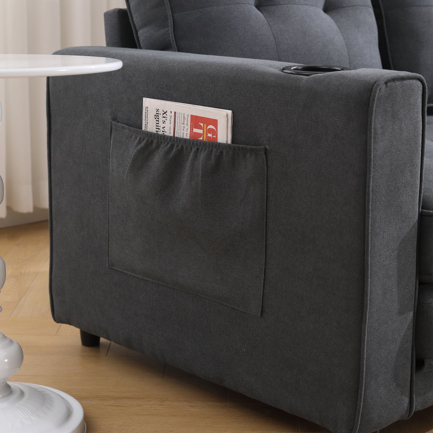 Three in one soft cushion cushion cushion sofa, folding mattress sofa bed, with side pockets and cup holder, dark gray eprolo