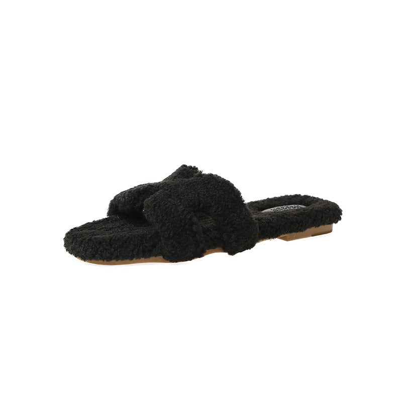 Wearing 7 colours lamb fur slippers for external wear women's H-shaped suede one line drag