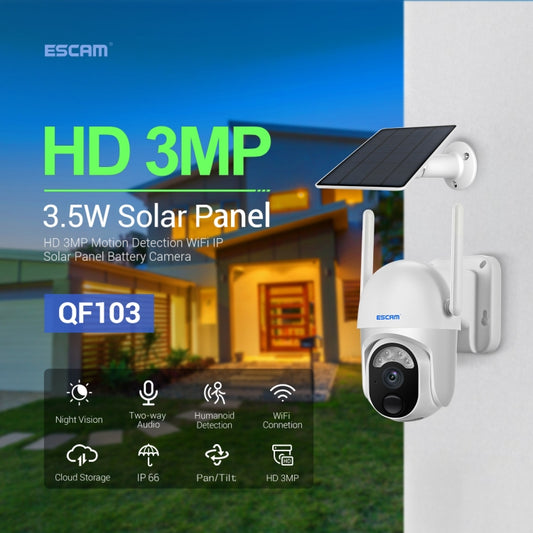 ESCAM QF103 3MP Cloud Storage PT WIFI PIR Alarm IP Camera with Solar Panel Battery Support Full Color Night Vision & Two Way Audio, QF103 - Shello's Creative Boutique
