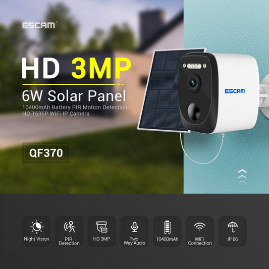 ESCAM QF370 3MP Cloud Storage PT WIFI Solar Panel IP Camera with PIR Alarm Support Night Vision & Two Way Audio, QF370 - Shello's Creative Boutique