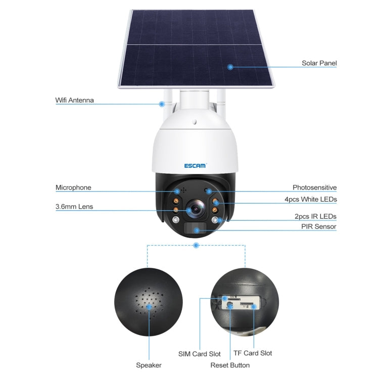 ESCAM QF724 3MP 24h Recording Cloud Storage PT 4G PIR Alarm IP Camera with Solar Panel, AU Plug SUNSKY