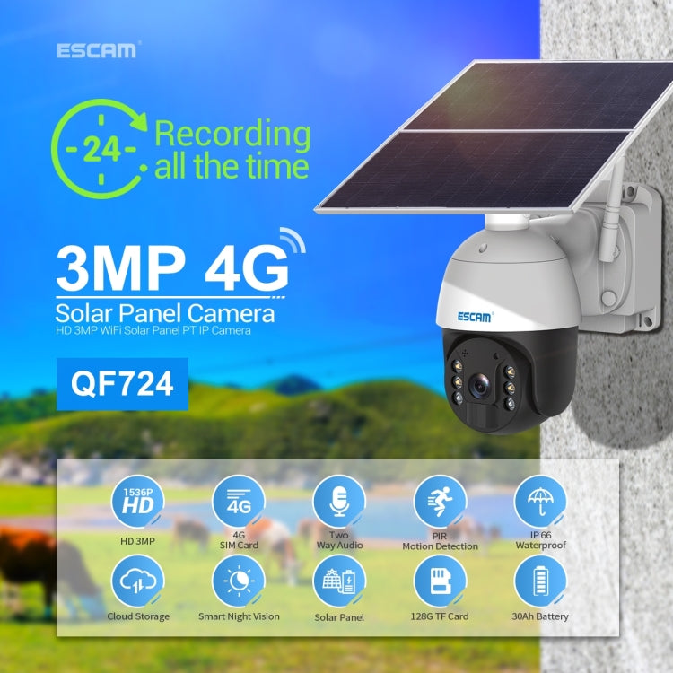 ESCAM QF724 3MP 24h Recording Cloud Storage PT 4G PIR Alarm IP Camera with Solar Panel, AU Plug SUNSKY