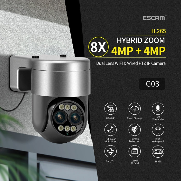 ESCAM G03 2x4MP Dual Lens Zoom 8X Dual Light Source WiFi Camera Support Two-way Voice & Motion Detection, EU Plug, US Plug, UK Plug, AU Plug SUNSKY