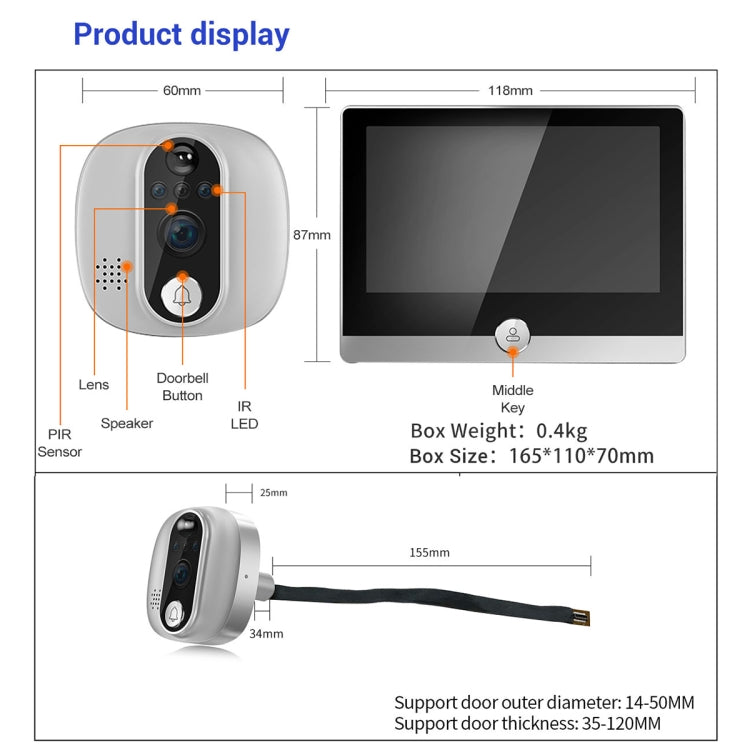 ESCAM C85 1080P 4.3 inch Smart WIFI Digital Door Viewer Supports Wide-Angle PIR & Night Vision & Dingdong Photo, C85 SUNSKY