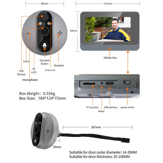 ESCAM C87 1080P 4.3 inch Smart WiFi Digital Door Viewer Supports Wide-Angle PIR & Night Vision & Dingdong Photo, C87 SUNSKY