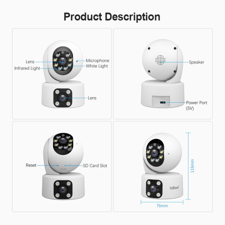 SriHome SH049 2MP + 2MP Humanoid Tracking Smart Night Vision Dual Lens HD IP Camera, SH049 SUNSKY