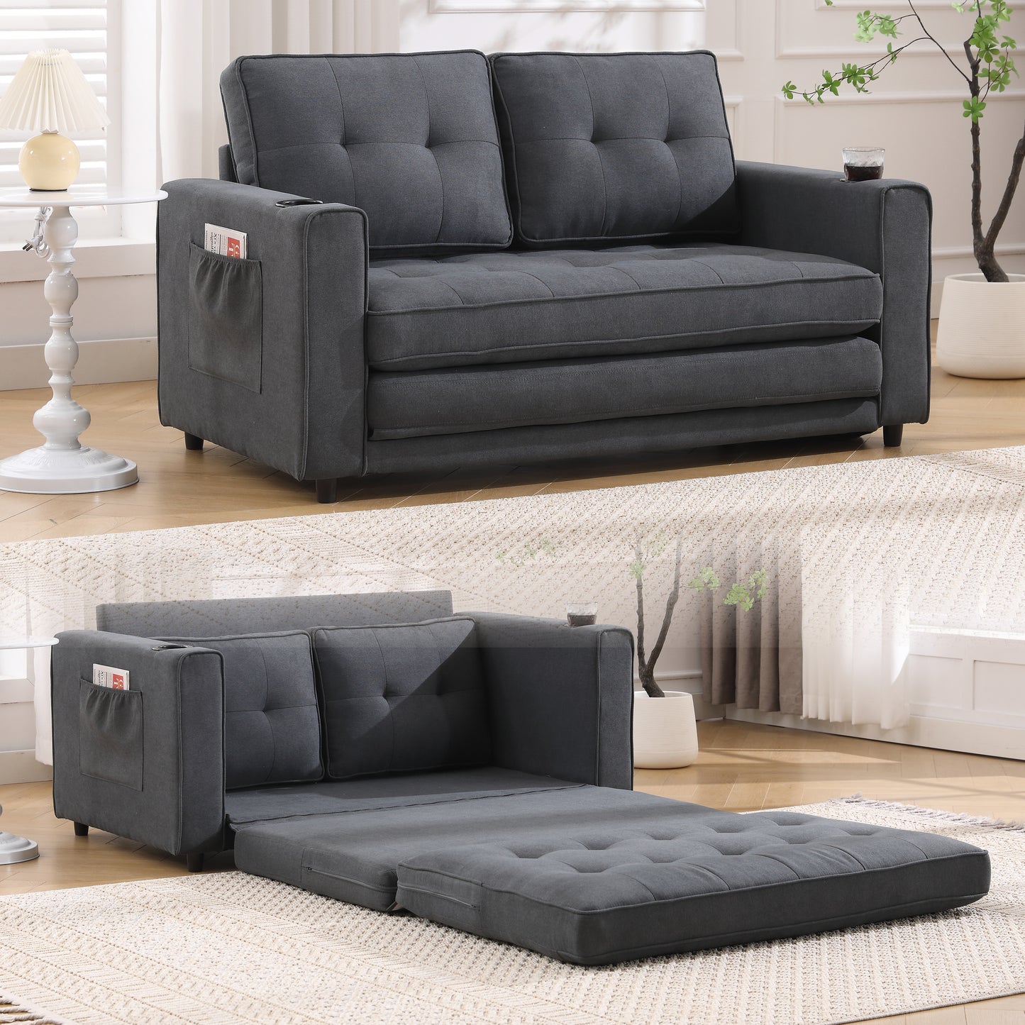 Three in one soft cushion cushion cushion sofa, folding mattress sofa bed, with side pockets and cup holder, dark gray eprolo