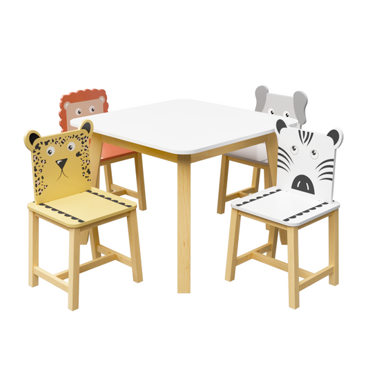 5 Piece Kiddy Table and Chair Set Kids Wood Table with 4 Chairs Set Cartoon Animals (bigger table) (3-8 years old) eprolo