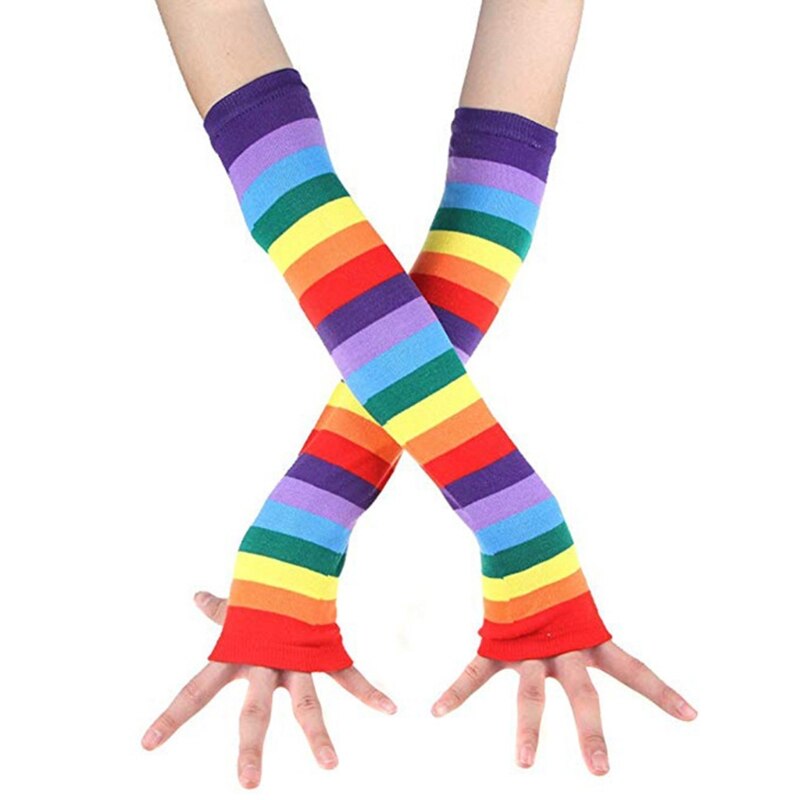 Women Rainbow Striped Thigh High Long Socks Arm Warmers Fingerless Gloves Set 649C eprolo
