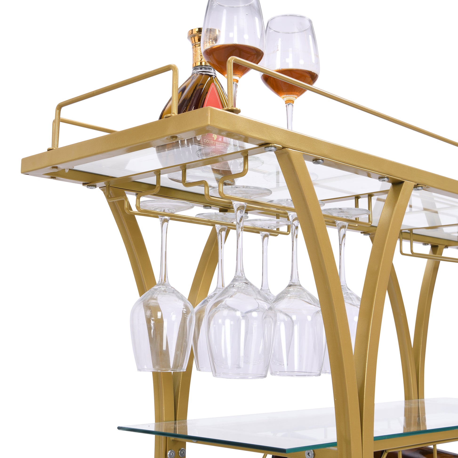 Golden Bar Cart with Wine Rack Tempered Glass Metal Frame Wine Storage eprolo
