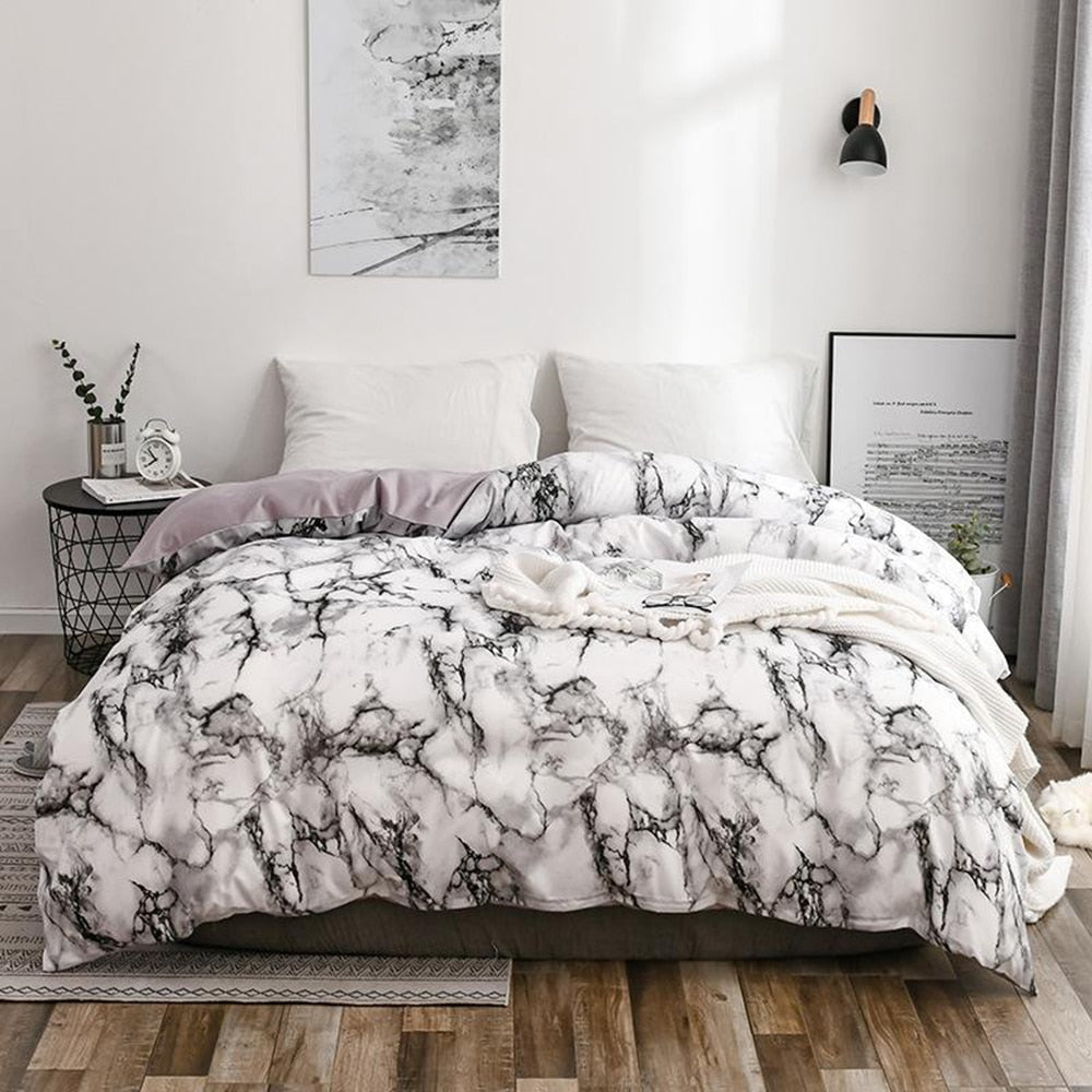 The Bedroom Bedding Is A Comfortable White Marble Pattern Printed Duvet Cover (2/3 Piece Set) eprolo