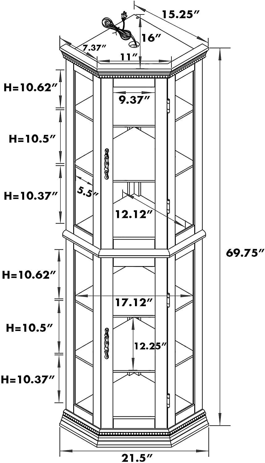 Corner Curio cabinet with lights, adjustable tempered glass frame, display cabinet, cherry color (excluding E26 light bulbs) eprolo